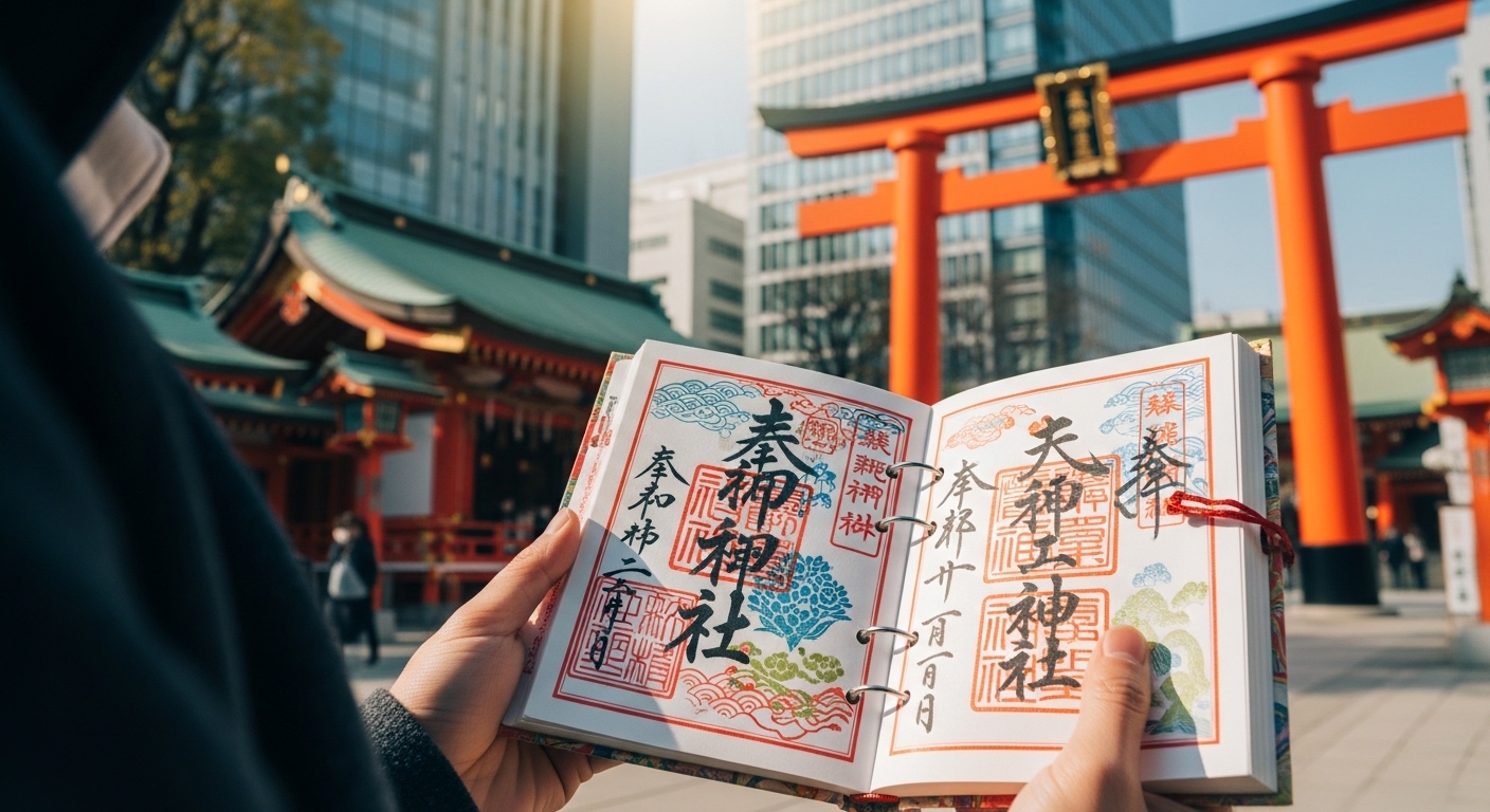 中央区の神社の御朱印を巡る、歴史ある社殿と現代のビルが調和した景色の中で御朱印帳を開く様子。