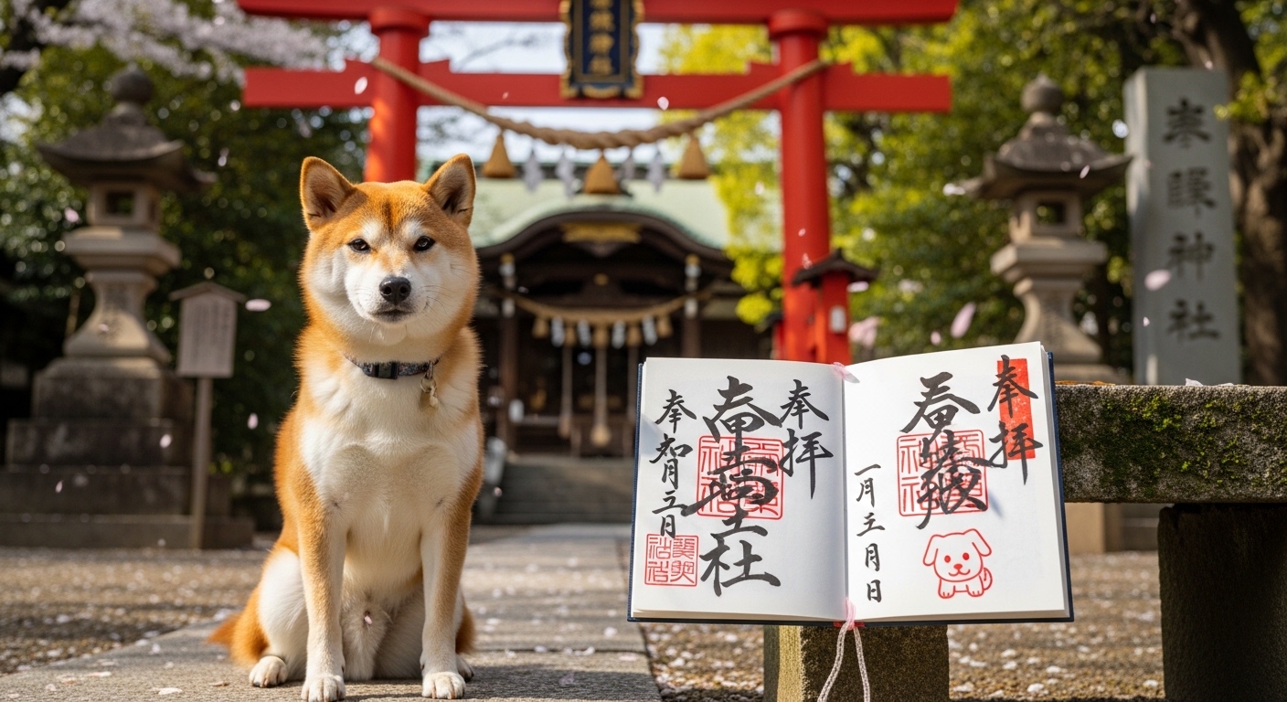 犬の御朱印を頂ける東京の神社をイメージした、社殿の前で御朱印帳と並ぶ柴犬の風景。