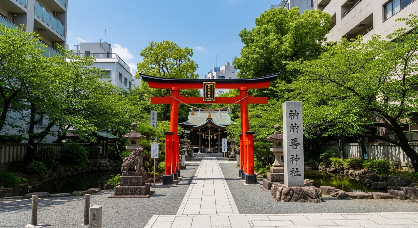 抜弁天厳島神社の象徴的な鳥居と、通り抜けができる境内の清々しい風景。