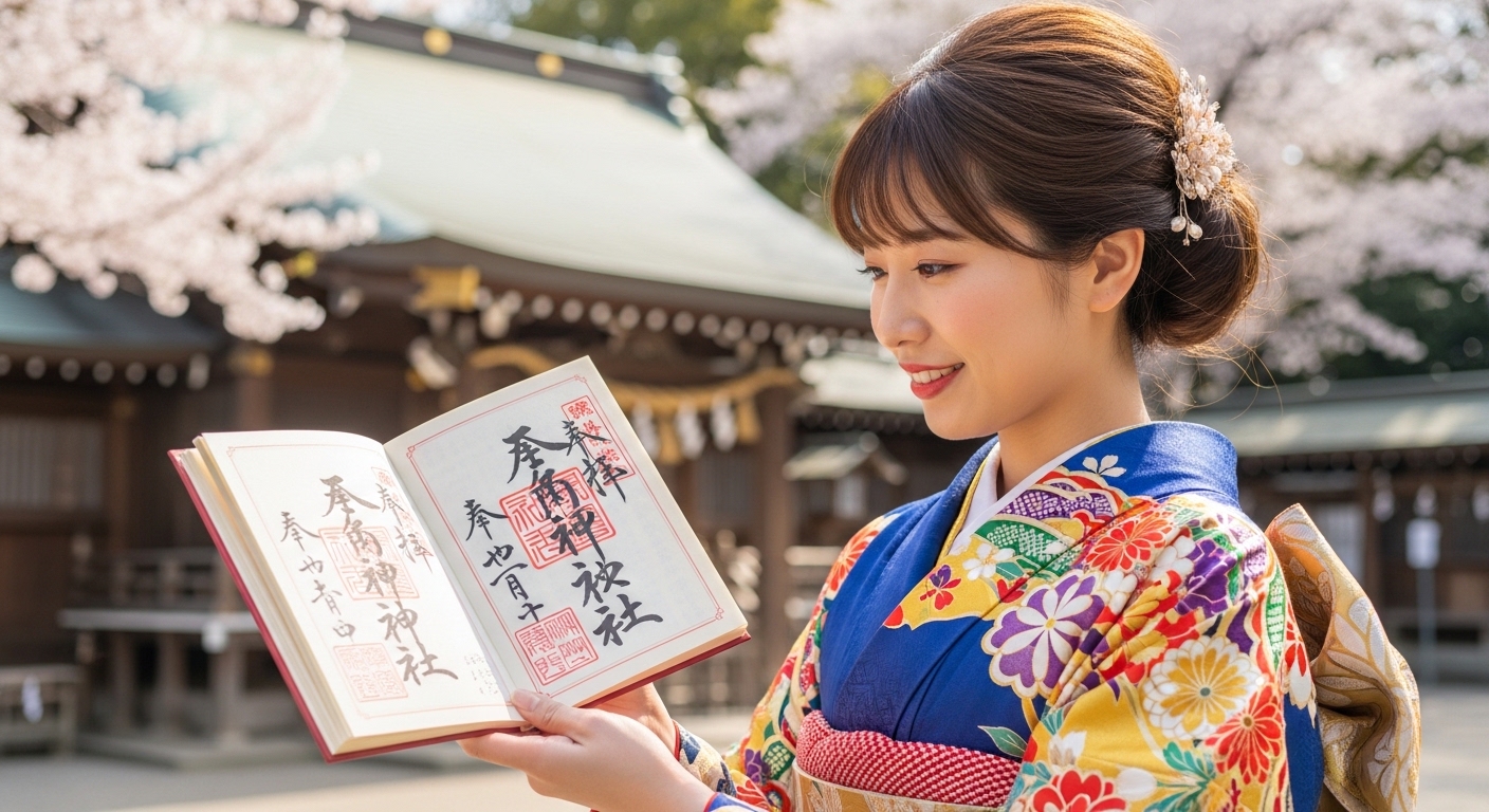 東京で御朱印集めを楽しむために、神社の境内で開いた鮮やかな御朱印帳を持つ着物姿の日本人。