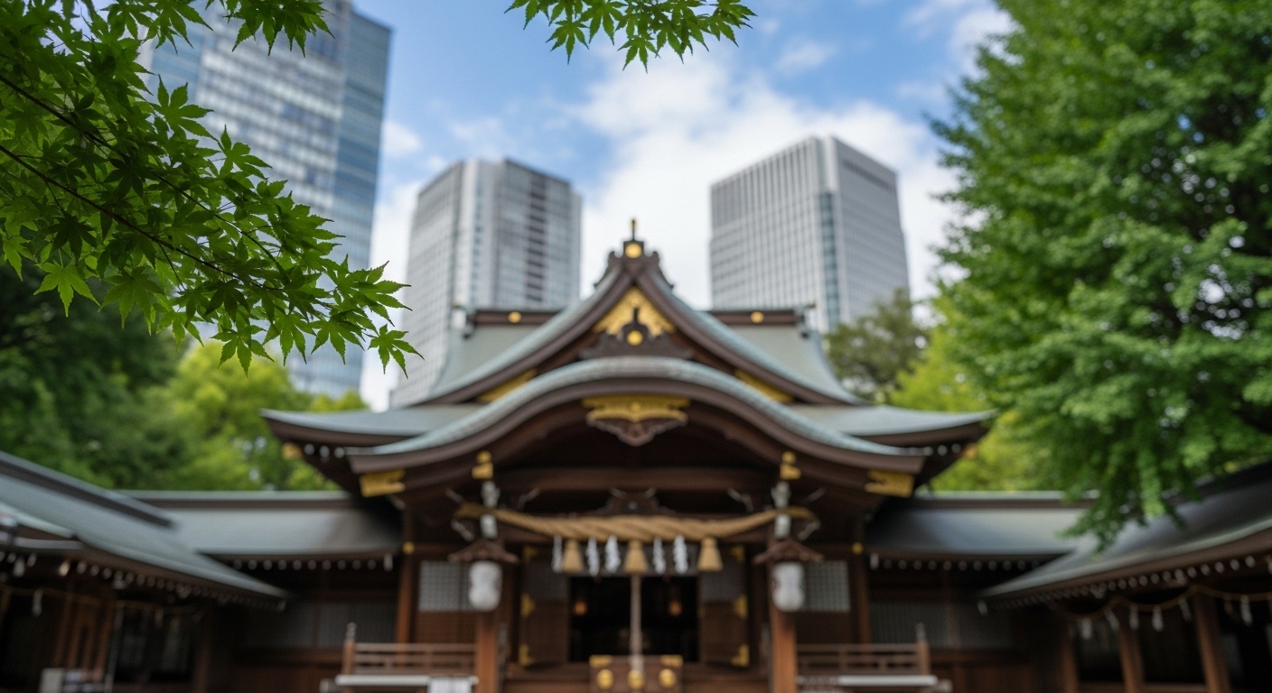 十二社熊野神社の御朱印の墨書きと、新宿の緑に囲まれた社殿の風景。