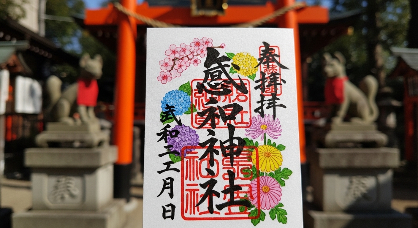 五十稲荷神社で誕生日に頂ける御朱印をイメージした、季節の花々があしらわれた華やかな御朱印。