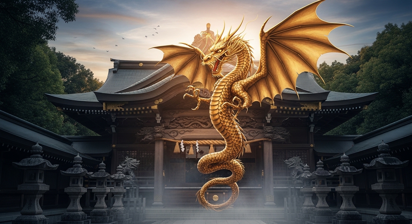 東京で最強の龍神神社をイメージした、伝統的な社殿から黄金の龍が天に昇る幻想的な風景。