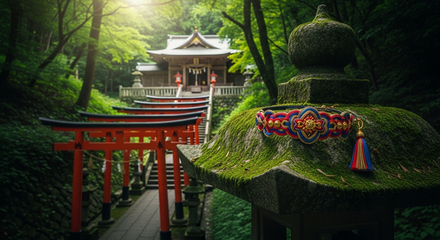 東京でブレスレットが頂ける神社をイメージした、緑豊かな森の中に佇む朱色の鳥居と社殿の風景。