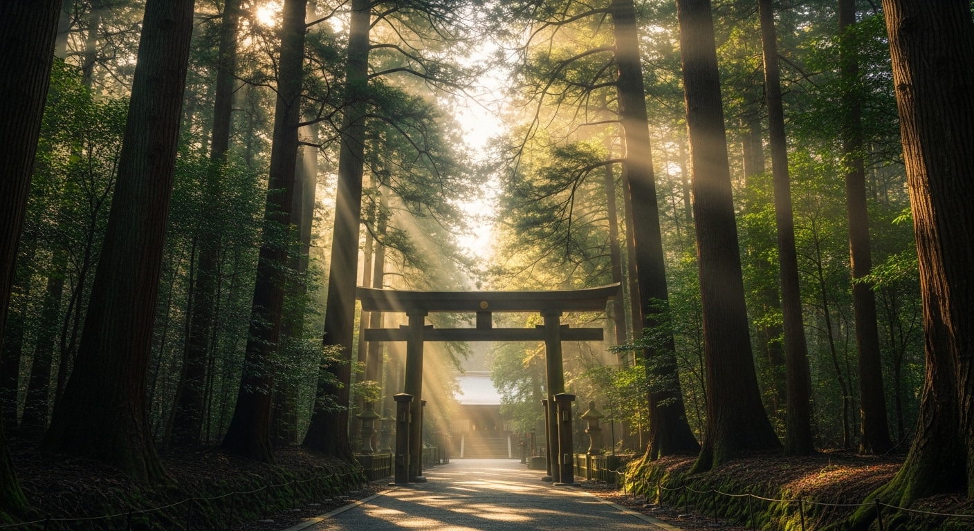 明治神宮の復縁のご利益をイメージした、緑豊かな杜の中に佇む大鳥居と社殿の風景。