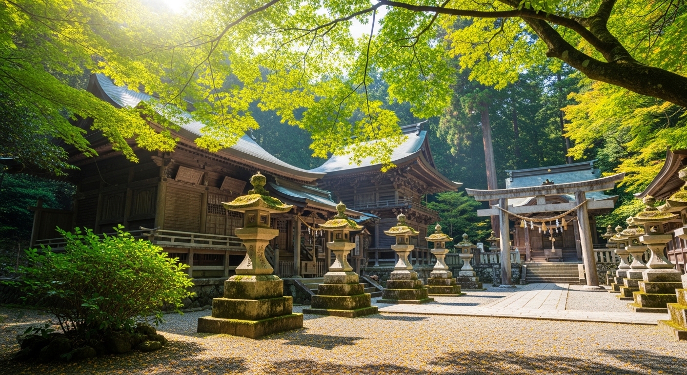 護国寺のご利益をイメージした、都会の中に佇む神聖な社殿と木漏れ日が差し込む緑豊かな森の風景。