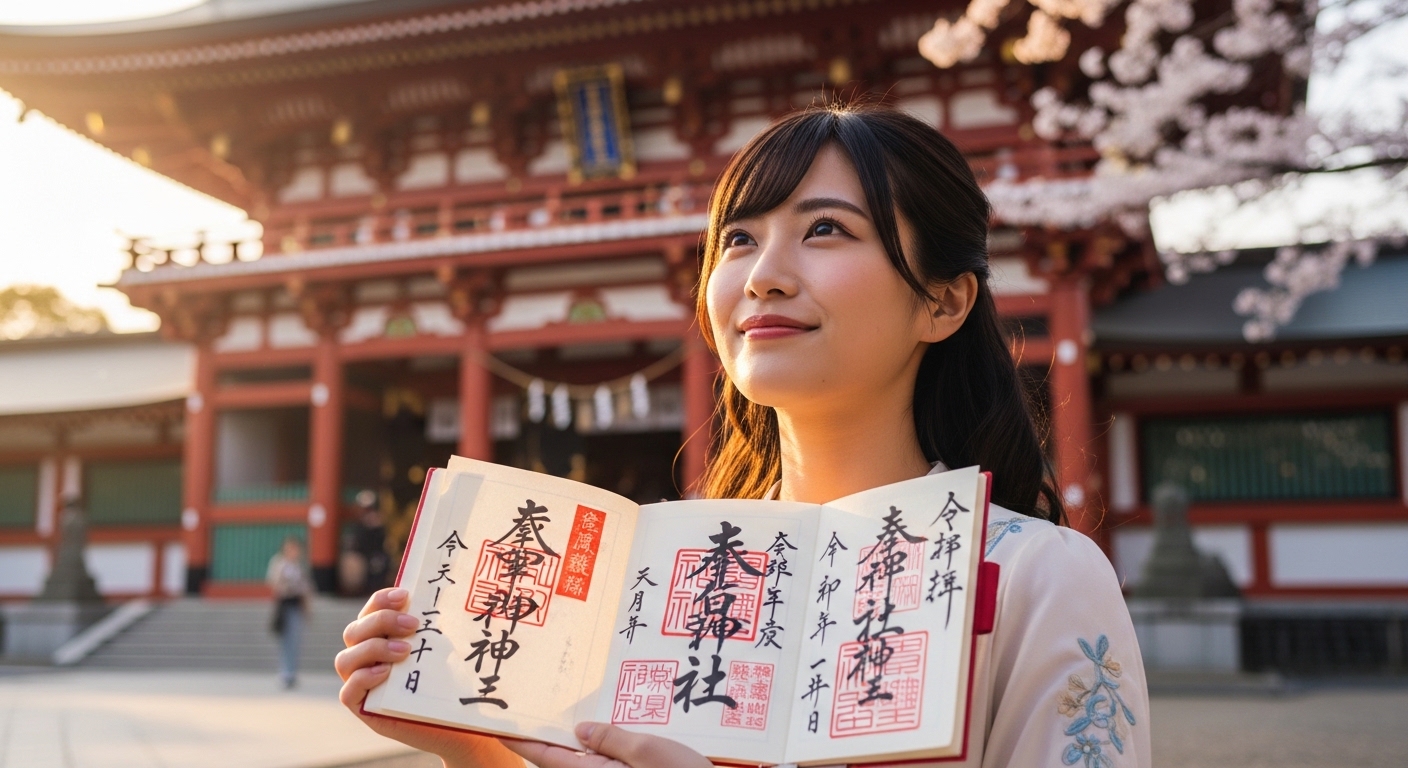 東京の有名な天照大御神の神社をイメージした、朝焼けの境内で鮮やかな御朱印帳を開く日本人の風景。