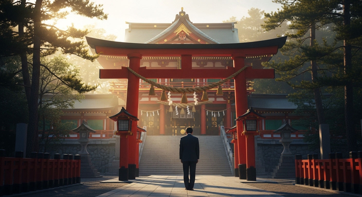 東京で商売繁盛のご利益がある神社の鳥居前で、スーツ姿の日本人が一礼する風景。