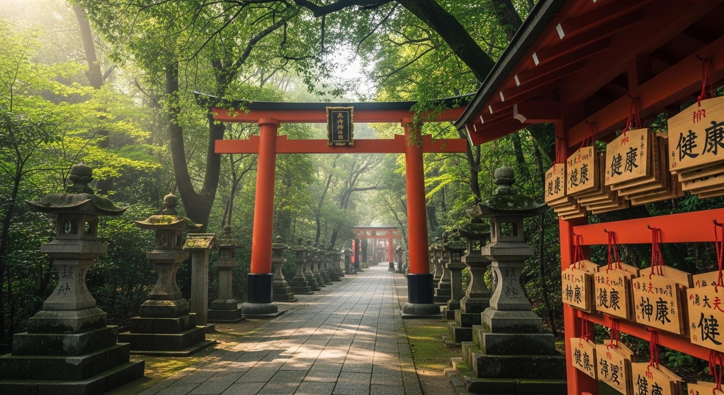 都内で病気治癒のご利益がある神社の境内に掲げられた、健康と快復を願う絵馬の風景。