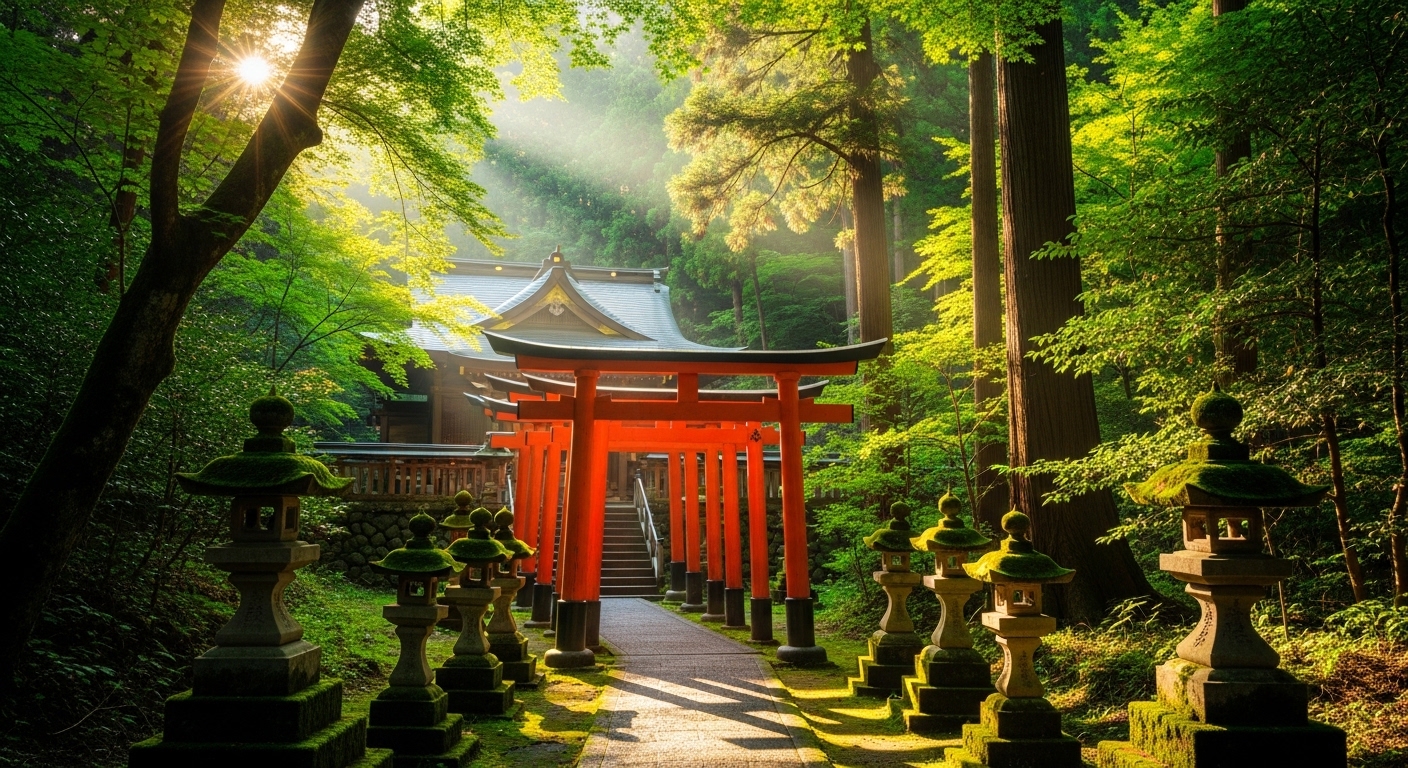 人間関係が良くなる関東の神社をイメージした、緑豊かな森の中に佇む朱色の鳥居と社殿の風景。
