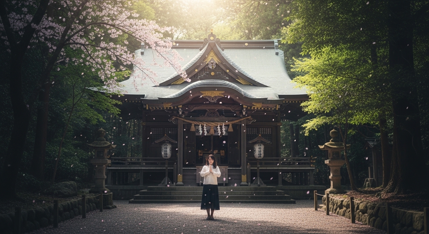 関東で強力な復縁効果がある神社で、静かに祈りを捧げる日本人の女性と美しい境内の風景。