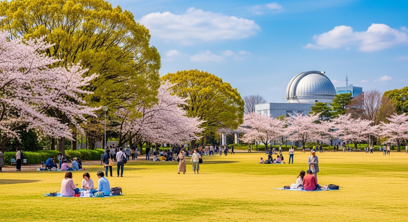 西東京市の観光スポットをイメージした、自然豊かな公園と多摩六都科学館のプラネタリウムドームが広がる風景。