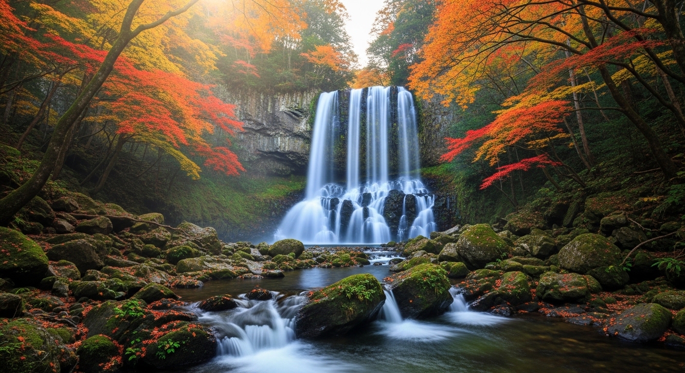 檜原村のおすすめスポットとして有名な、緑豊かな木々に囲まれた払沢の滝の風景。