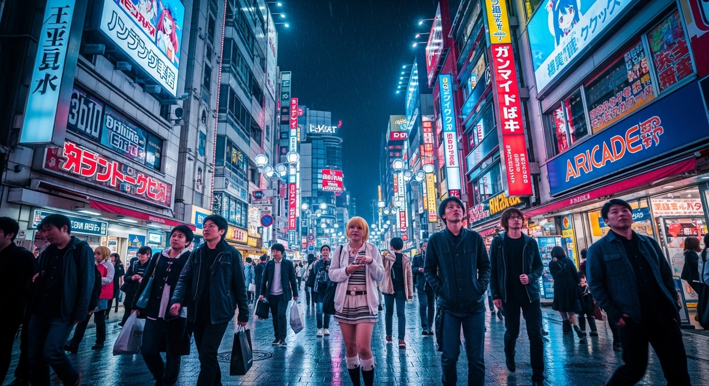 東京のオタク聖地の象徴である秋葉原のネオンとアニメ看板が輝く街並み