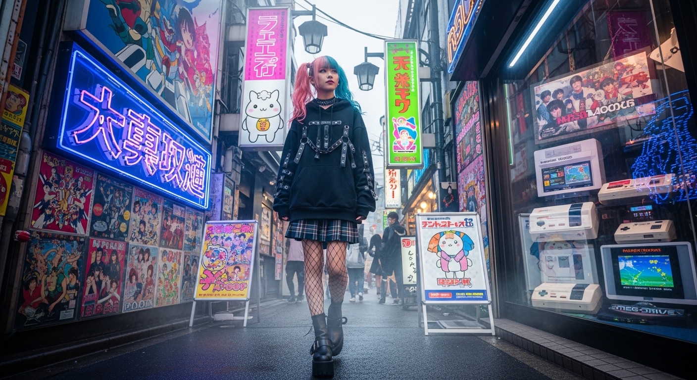 アニメやレトロゲーム、古着など東京サブカルスポットの多様な文化が混ざり合う街角の風景