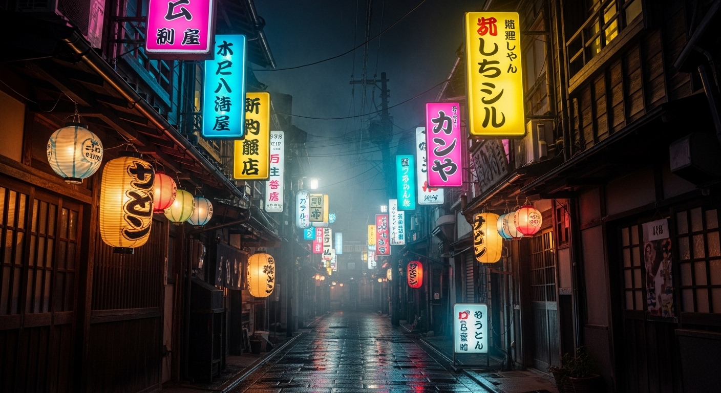 東京のアングラスポットとして知られる深夜のネオン街と路地裏の風景