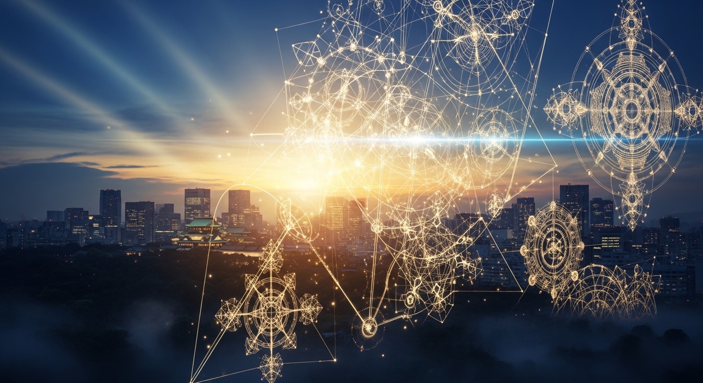 東京の夜景に浮かび上がる黄金の幾何学的な結界と守護のイメージ