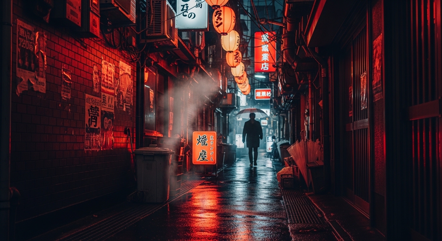 夜の東京の路地裏で赤く光るネオンと不気味な静寂が漂う東京で行ってはいけない場所のイメージ