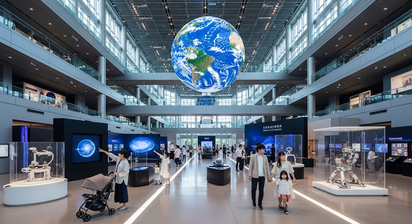 日本科学未来館のシンボルである巨大な地球型ディスプレイと未来的な館内風景