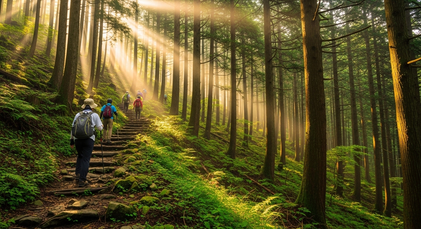 新緑が美しい夏の高尾山の登山道を歩くハイカーたちの風景