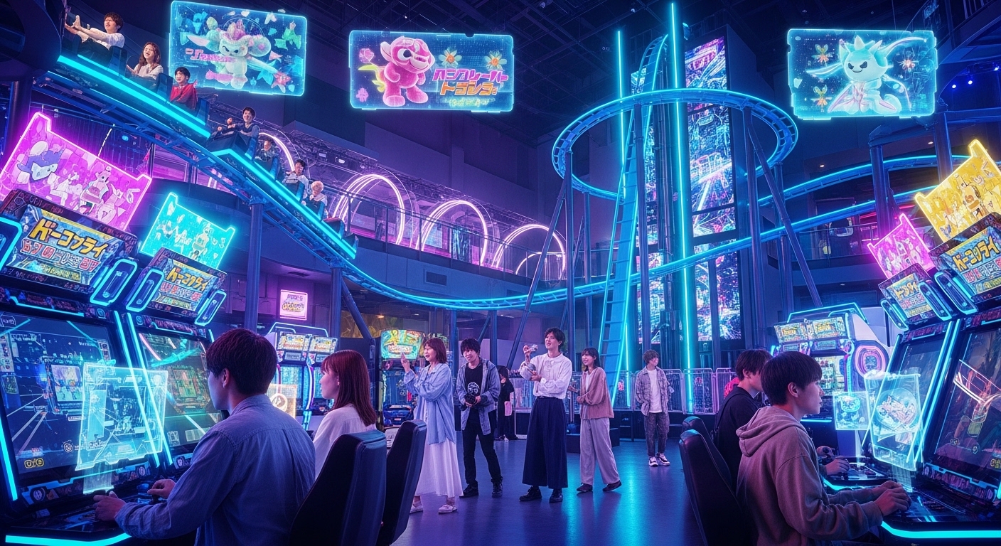 ネオンが輝く近未来的な東京ジョイポリスの館内でアトラクションを楽しむ日本人のグループ