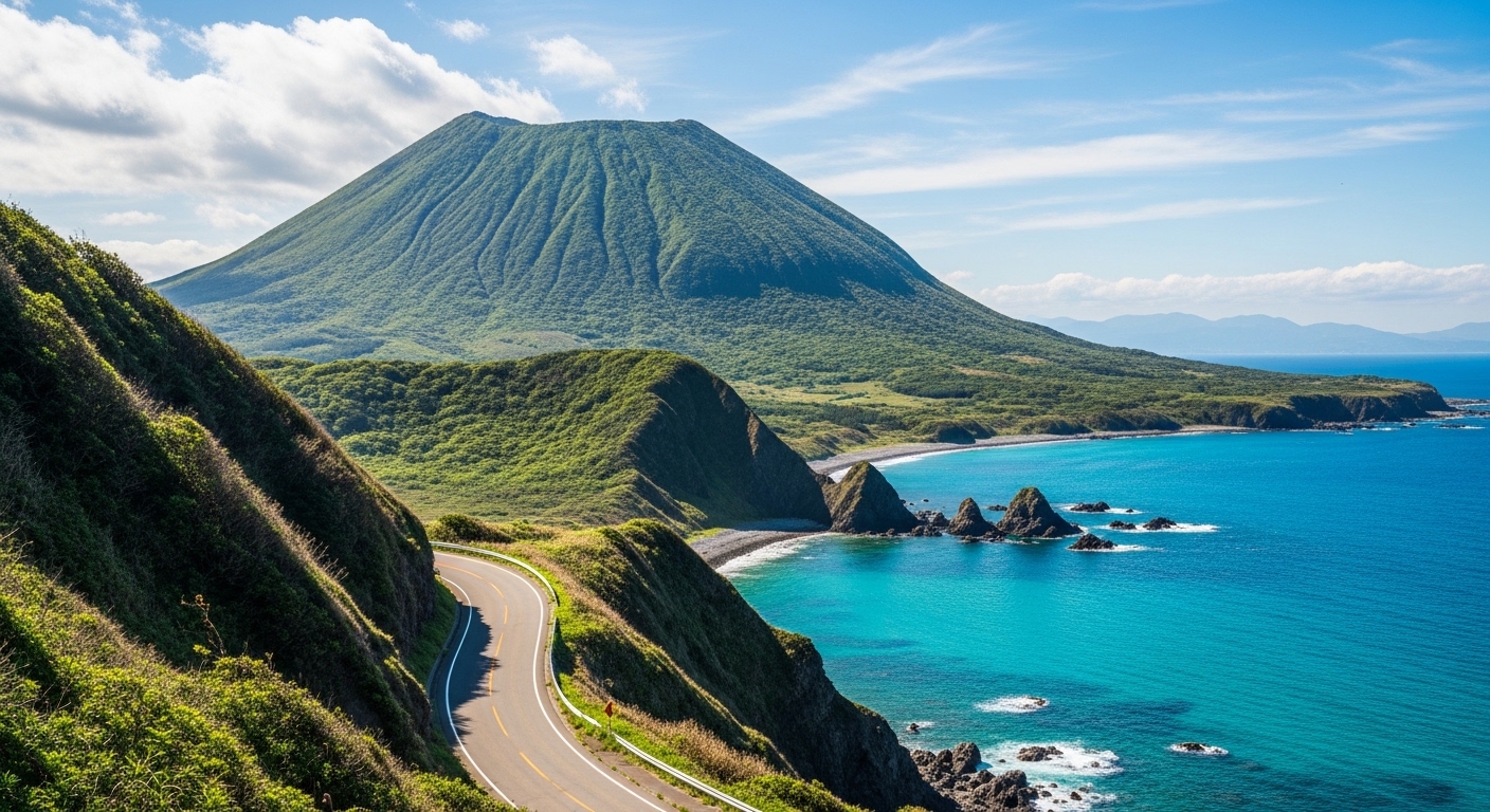 八丈島の一人旅を象徴する青い海と八丈富士の美しい風景