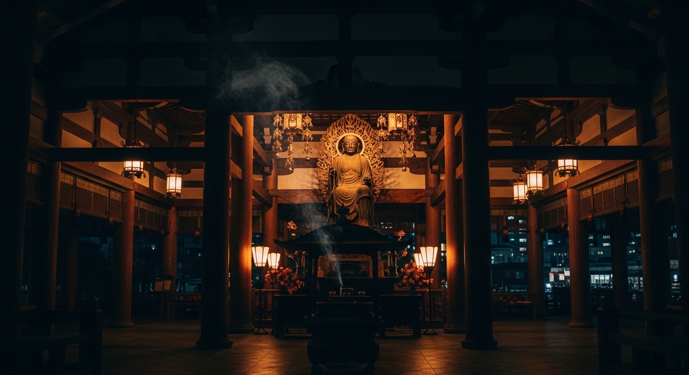 高野山 東京別院のスピリチュアルな魅力を象徴する本堂の幻想的な夜の風景