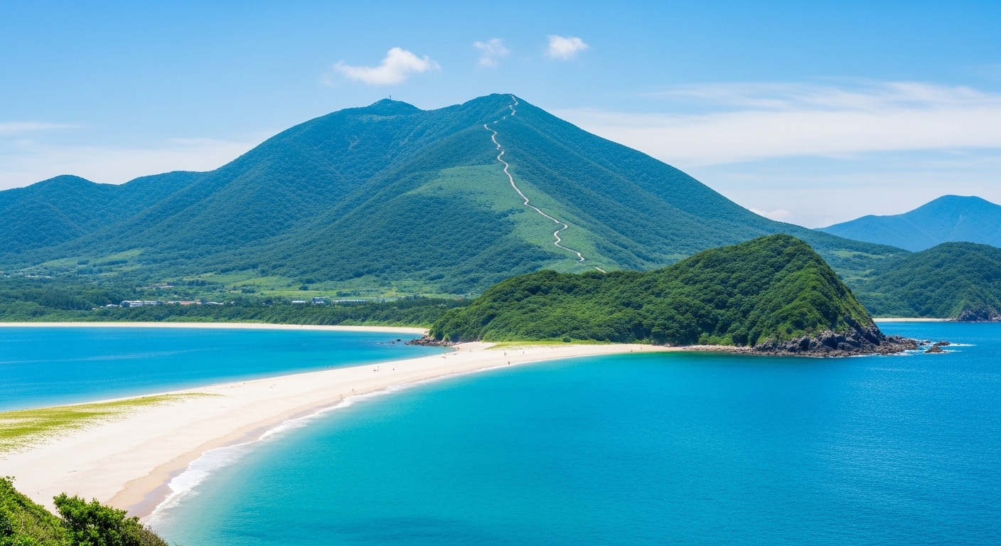 神津島観光モデルコースを象徴する、天上山と美しい海が一望できる風景