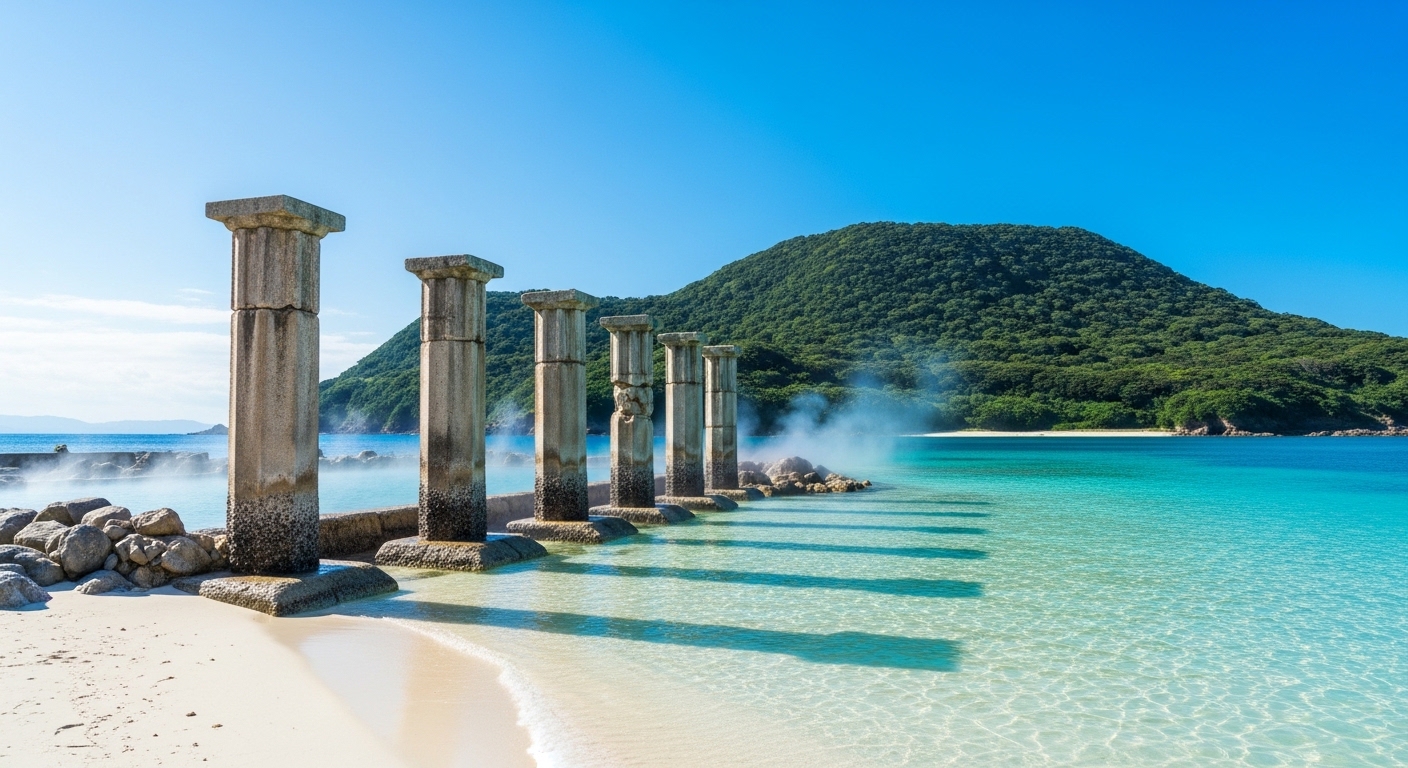 新島観光モデルコースの目玉である白い砂浜と古代ギリシャ風の湯の浜露天温泉の風景