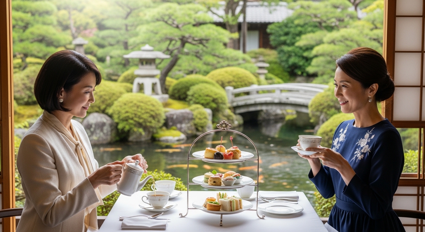 50代女子向けの東京観光穴場スポットをイメージした、庭園を望むカフェで寛ぐ女性たち