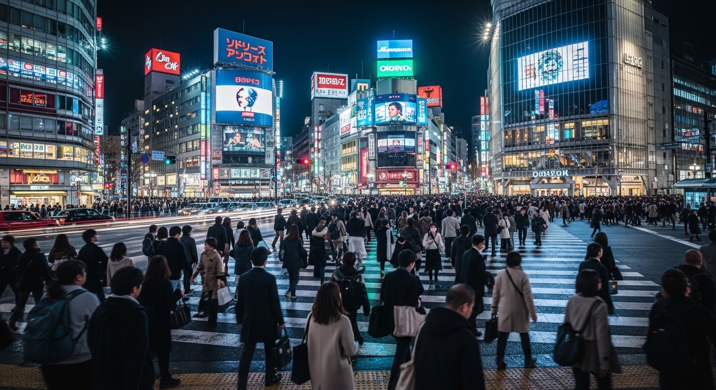 深夜のネオンと大型ビジョンに彩られた、活気あふれる渋谷のスクランブル交差点とおもしろスポットを巡る風景