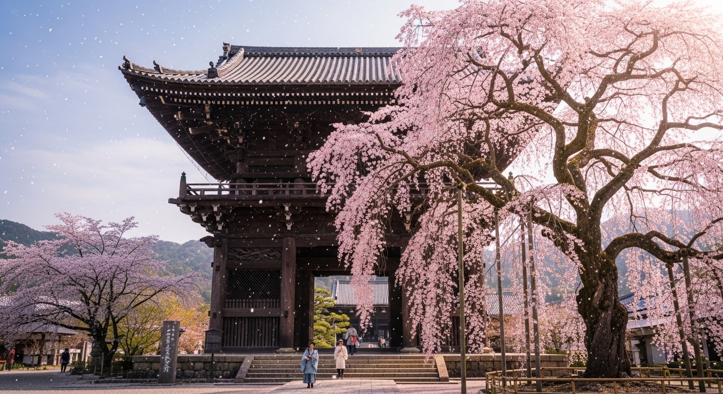 東郷寺の桜を象徴する巨大な山門と美しく咲き誇るしだれ桜の風景