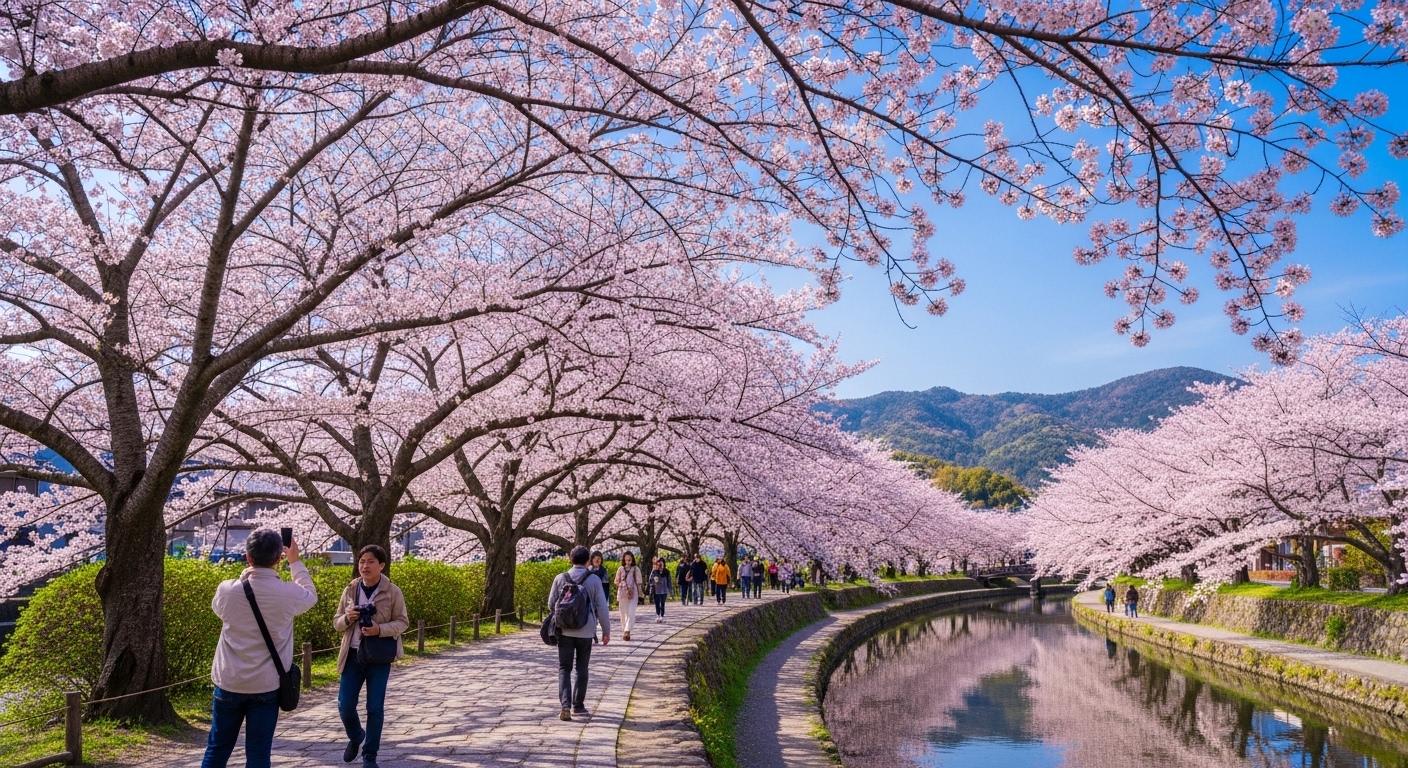 尾根緑道(戦車道路)の桜が満開に咲き誇る、春の穏やかな並木道と青空の風景