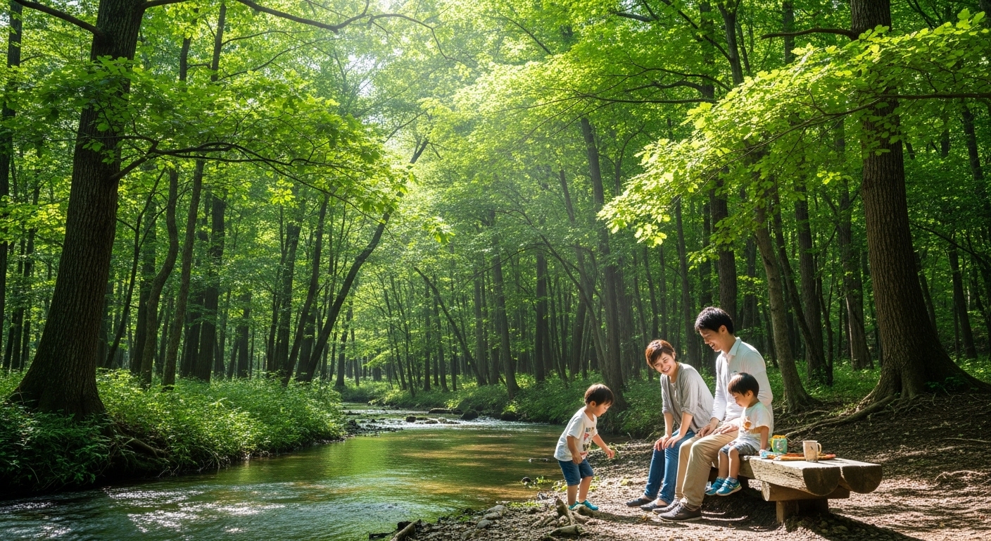 深大寺自然広場の豊かな緑とサワガニが住む清流をイメージした風景