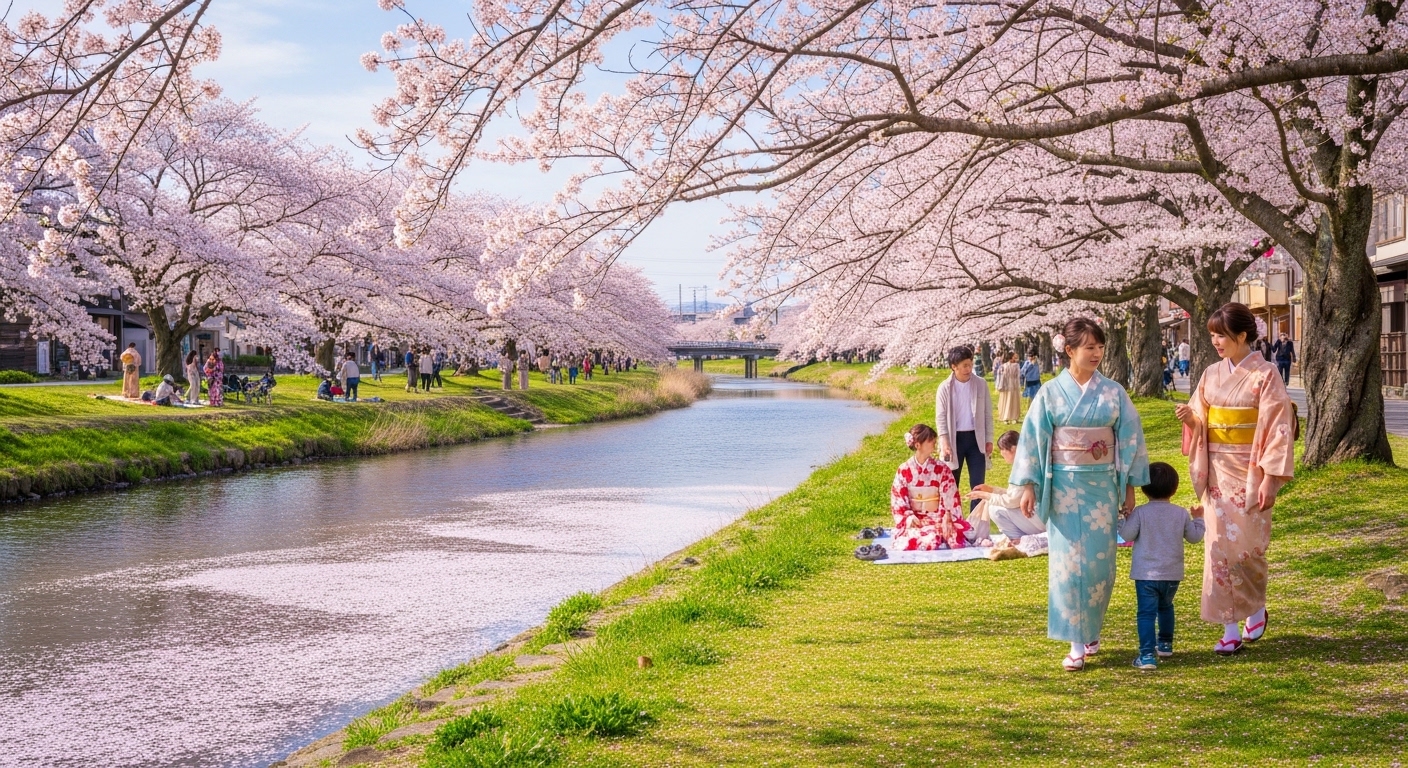 野川河川敷の桜並木の下で散策やお花見を楽しむ人々と穏やかな川の流れ