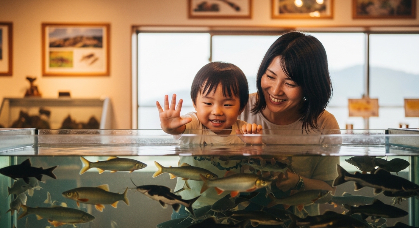 多摩川ふれあい水族館の体験型展示で多摩川の魚とふれあう日本人親子