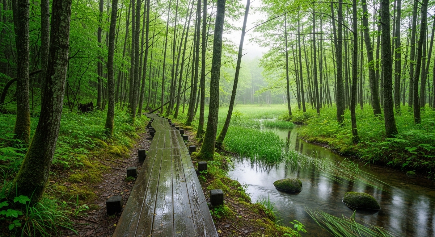 矢川緑地保全地域の木道と清流、豊かなハンノキ林が織りなす自然風景