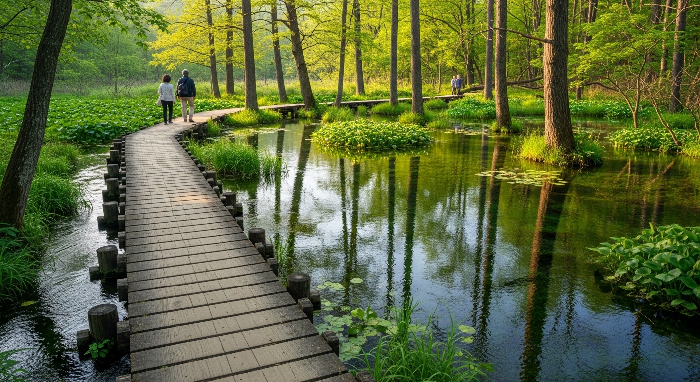 矢川緑地の美しい木道と澄み切った清流が流れる湿地帯の風景