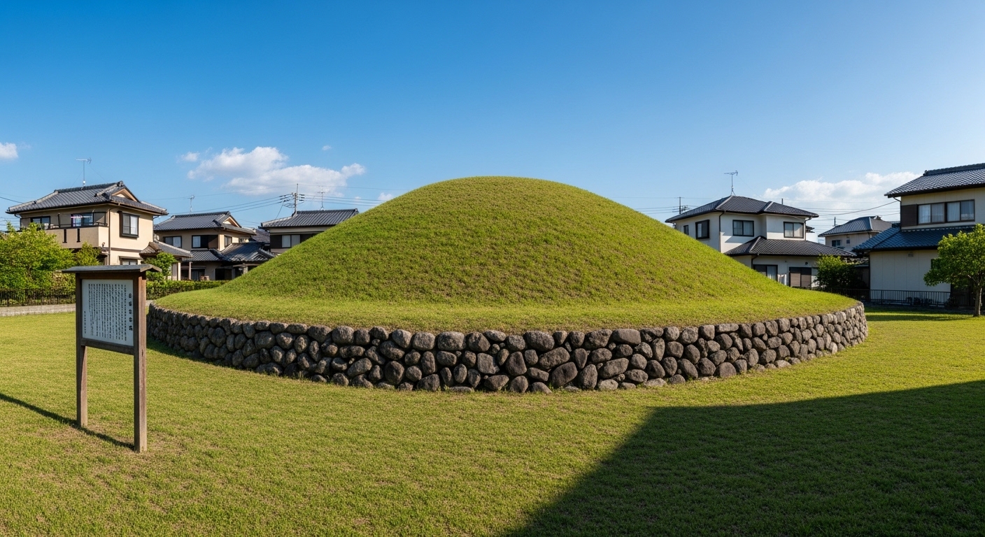 府中市の住宅街に現存する高倉塚古墳の全景と美しい芝生の景観