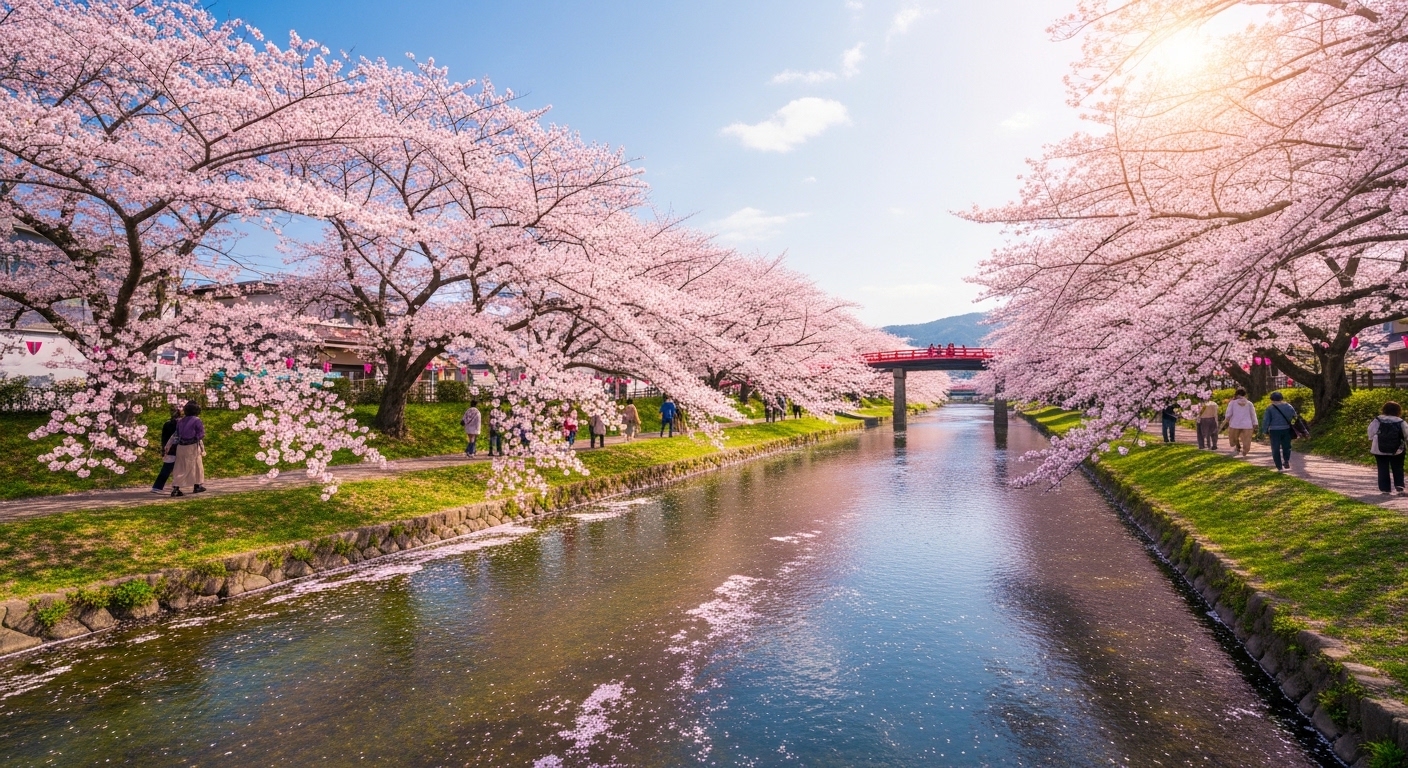 残堀川沿いに美しく咲き誇る桜並木と穏やかな川の流れを望む春の風景