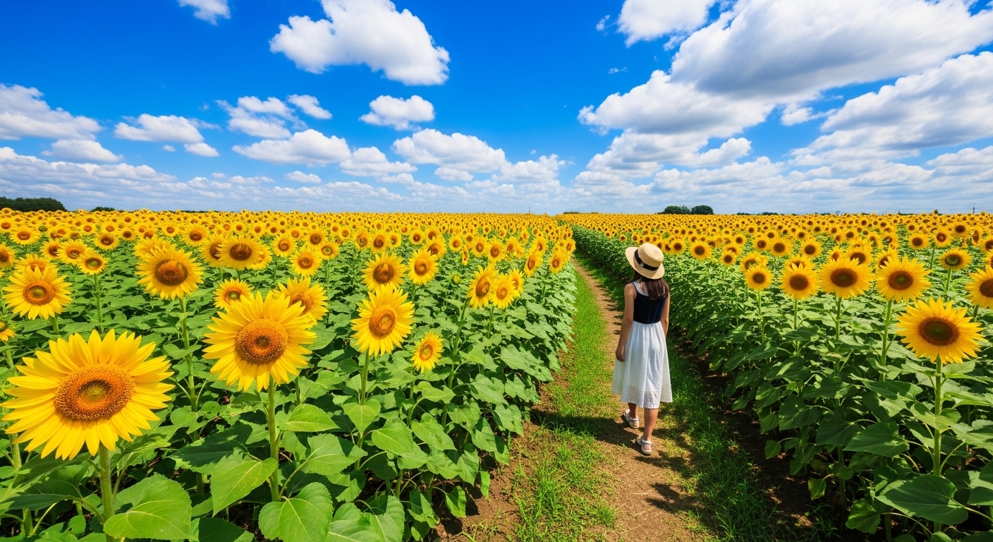 昭和記念公園のひまわりが満開に咲き誇る広大な花畑と夏の青空