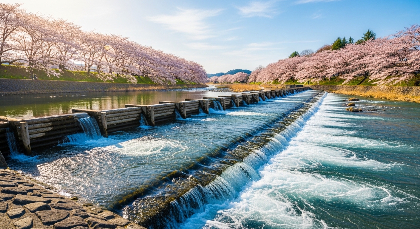 羽村取水堰投渡堰の伝統的な丸太構造と多摩川の清流を望む風景