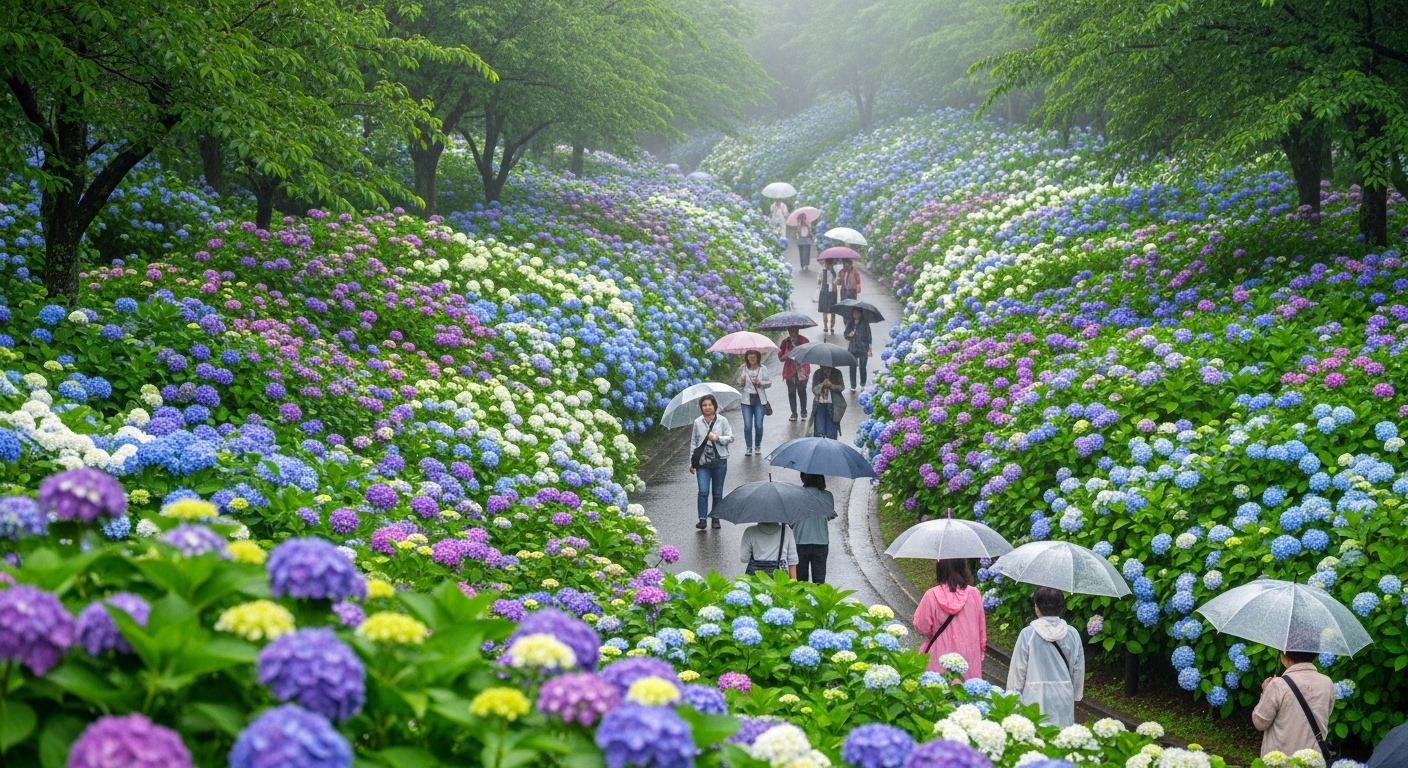 昭和記念公園のあじさいロードに咲き誇る色鮮やかな紫陽花と緑豊かな景観