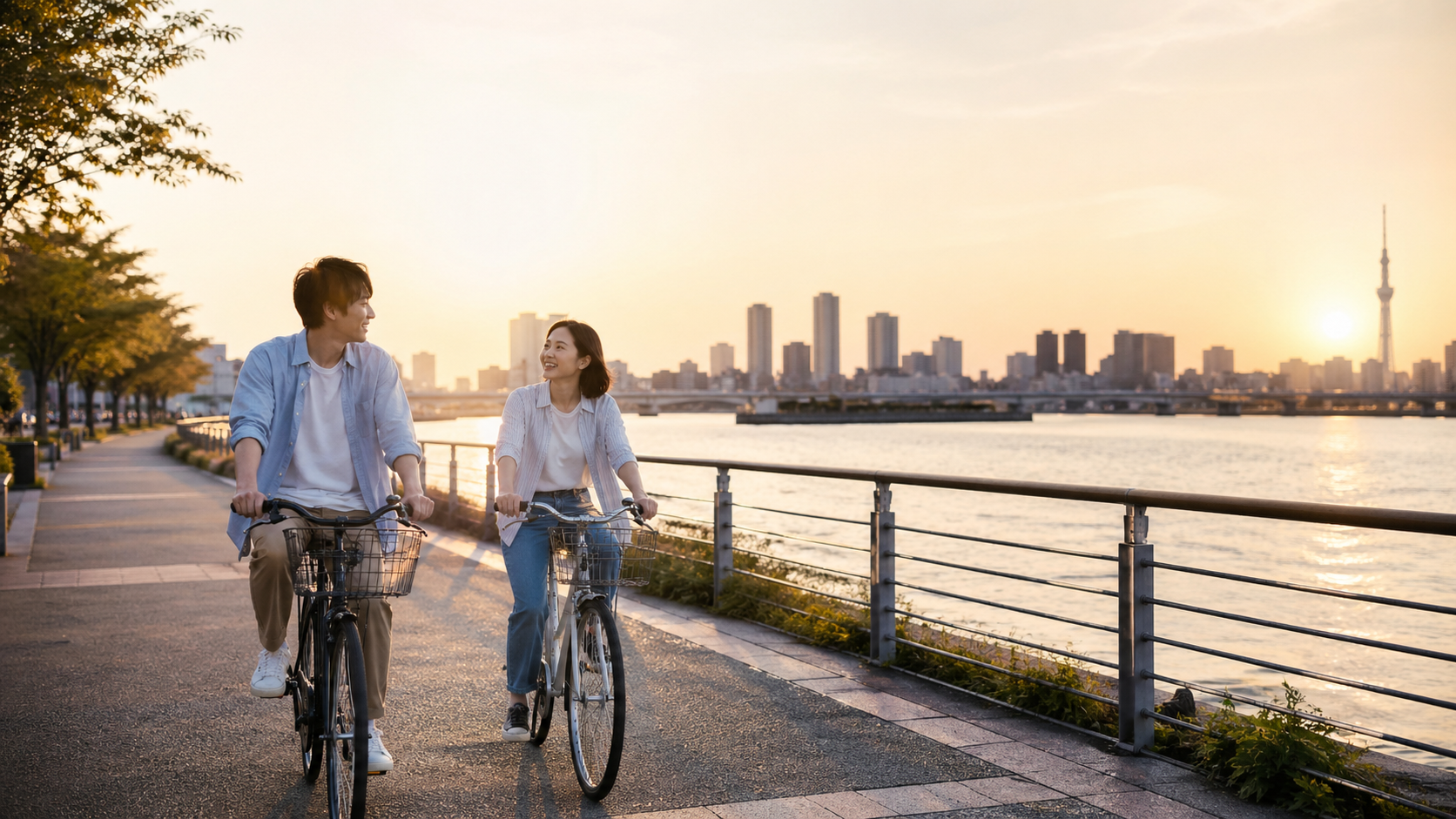 東京 自転車デートコースを楽しむカップルと水辺の景色