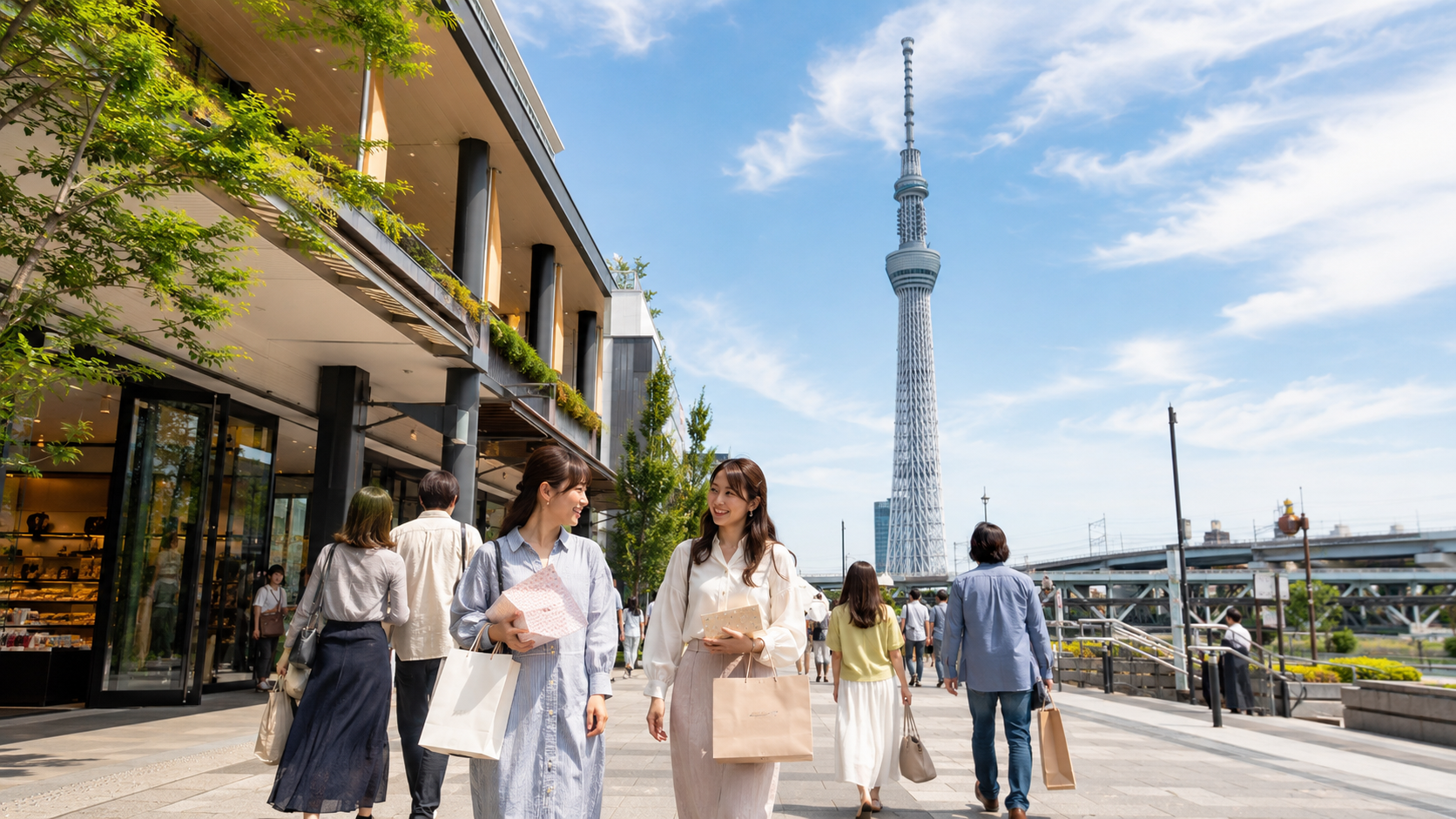 東京ソラマチのお土産おすすめを選ぶ観光客と東京スカイツリーの外観