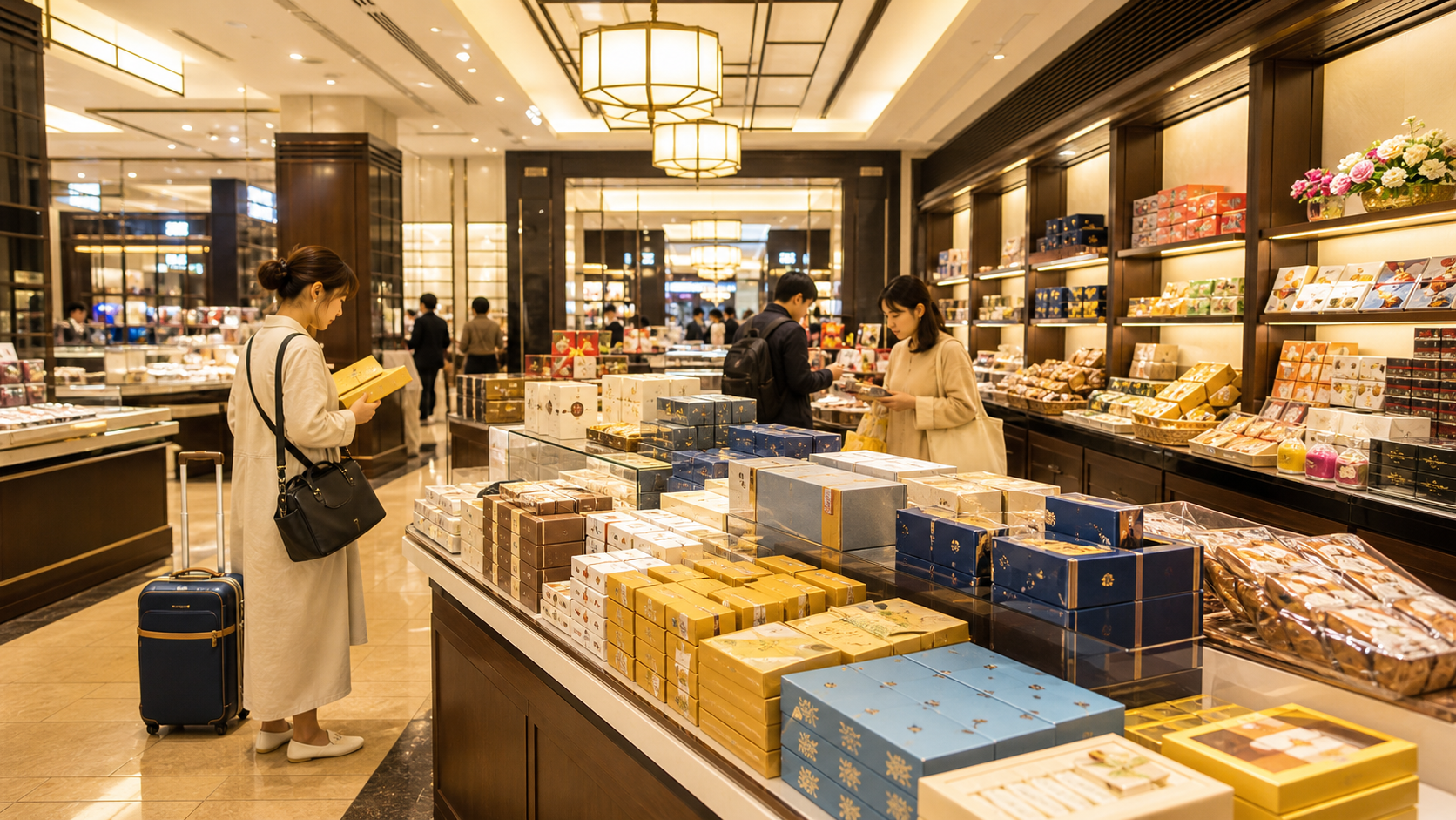 グランスタ東京のお土産売り場で人気商品を選ぶ人