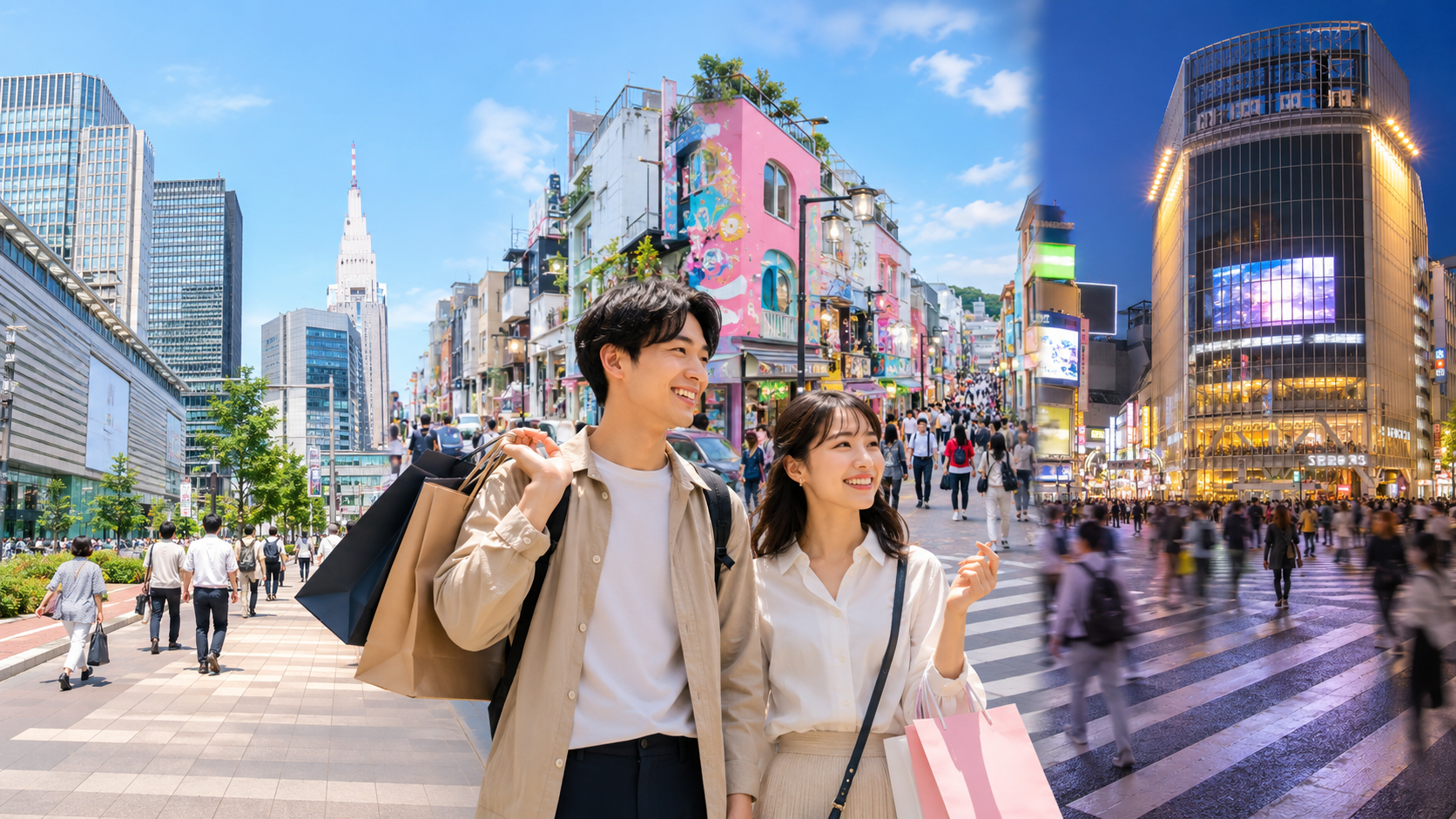 原宿でトレンドファッションや古着を探す街歩きの様子