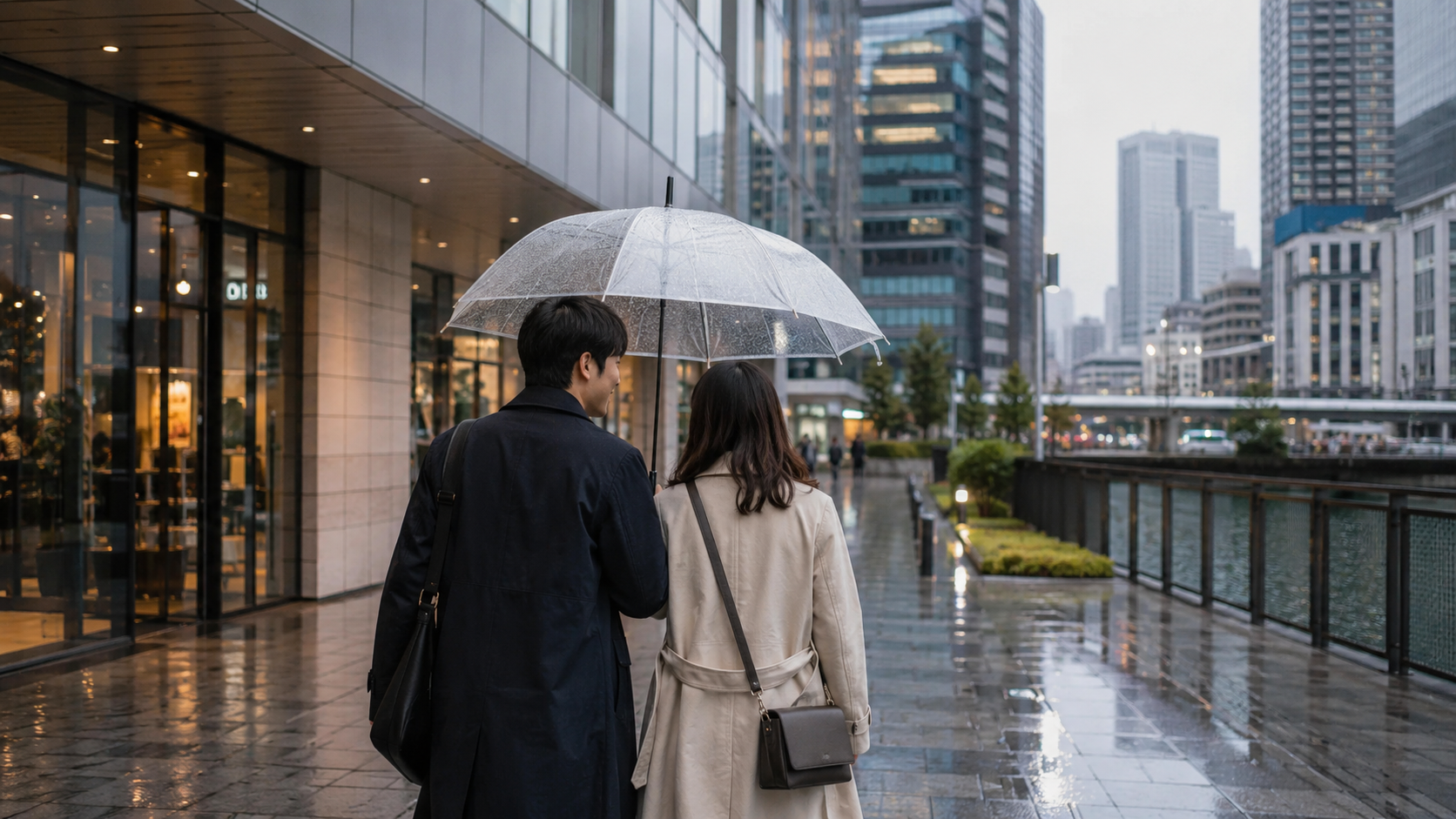 豊洲の雨の日デートで屋内スポットへ向かうカップル